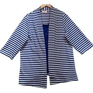 Quacker Factory Womens Open Front Cardigan Long Sleeve Size XL Blue White Stripe